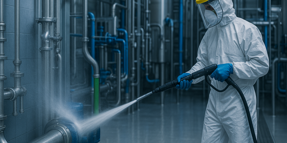 Eine Person reinigt Anlagen