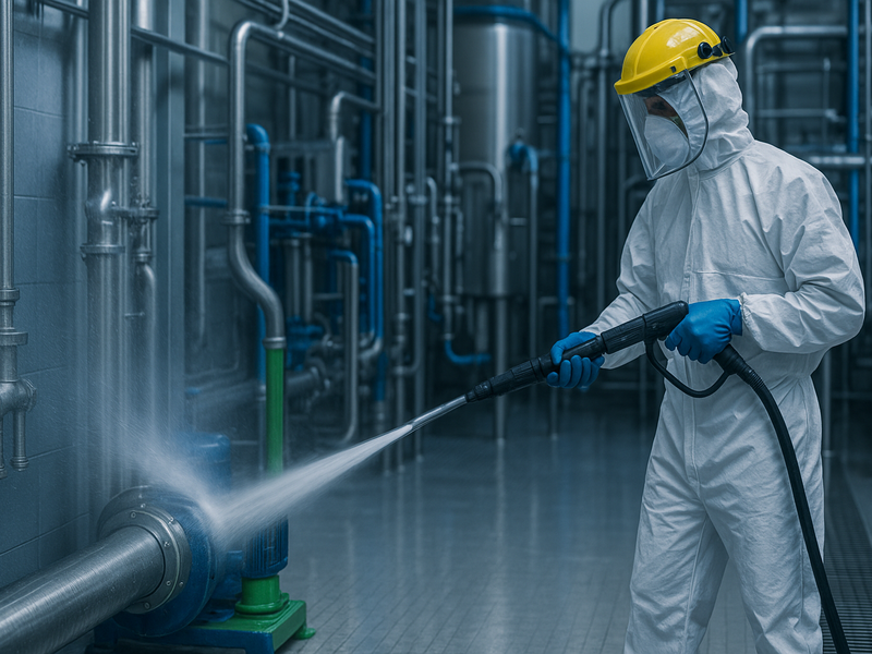 Eine Person reinigt Anlagen